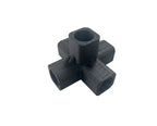 A black plastic 5 way cross connector with round ends, shown on a plain white background.