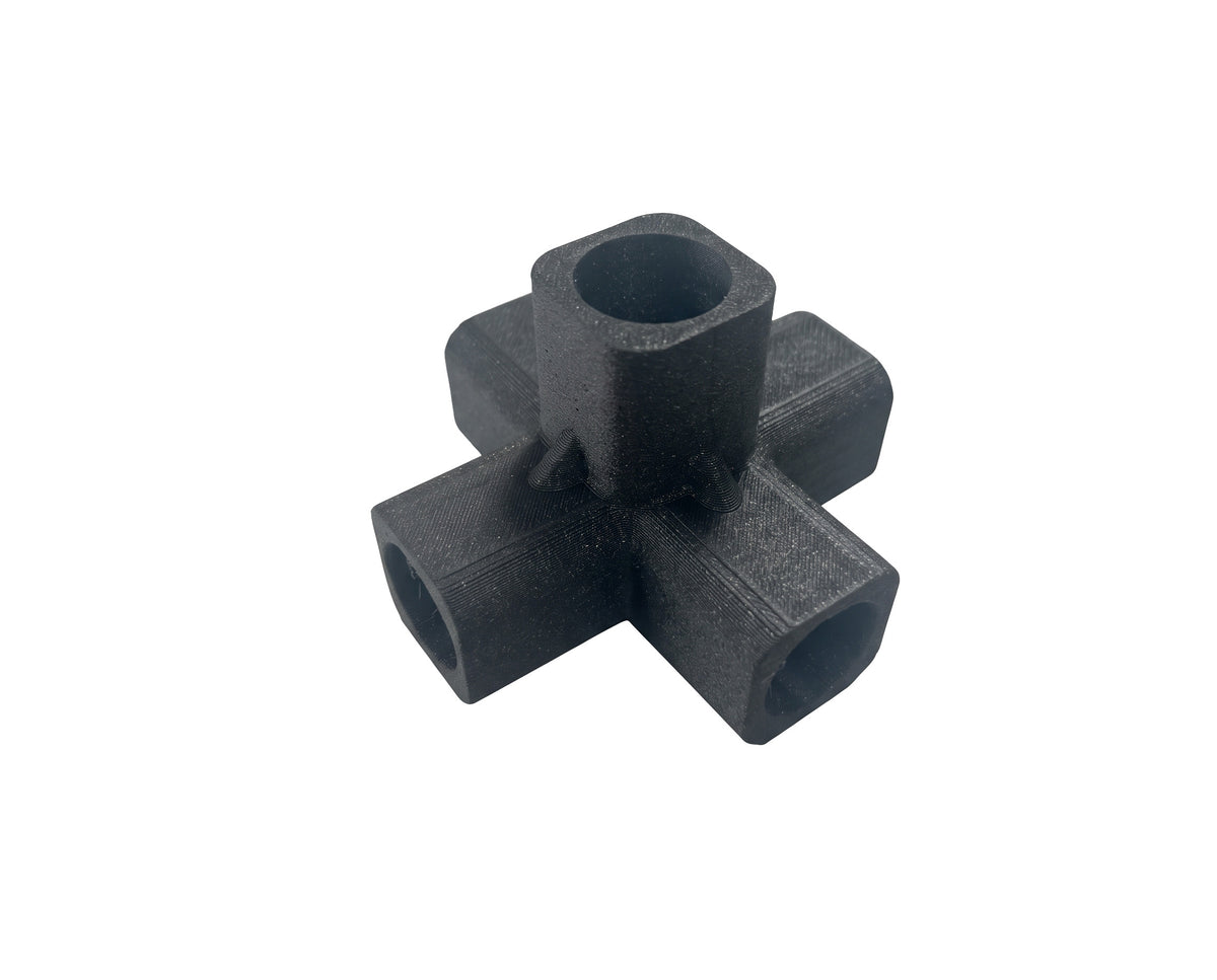 A black plastic 5 way cross connector with round ends, shown on a plain white background.