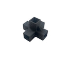 A black 3-way cross-shaped connector with square openings, shown on a plain white background.