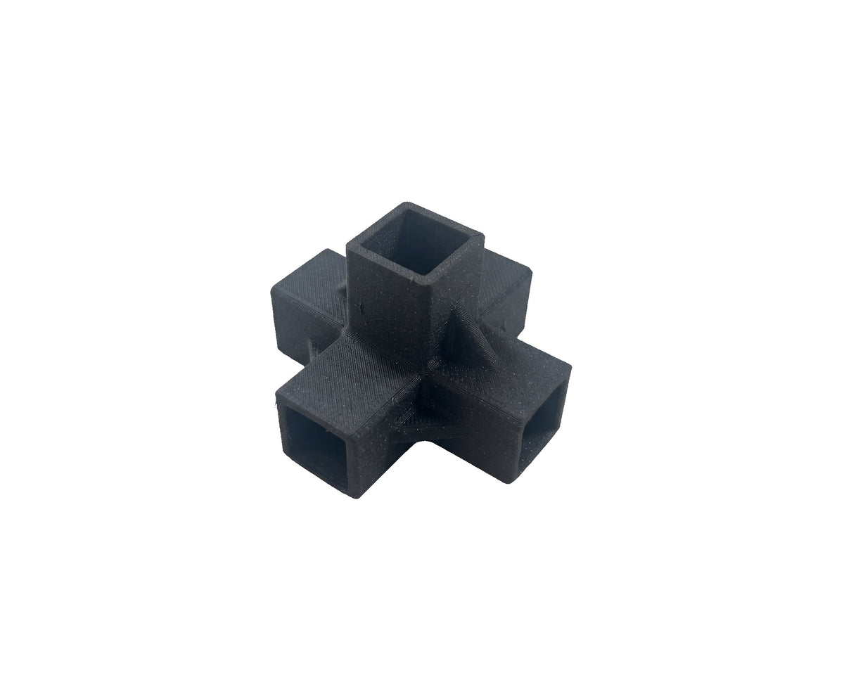 A black 3-way cross-shaped connector with square openings, shown on a plain white background.