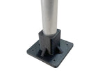 Black metal stand base with a cylindrical rod on a white background