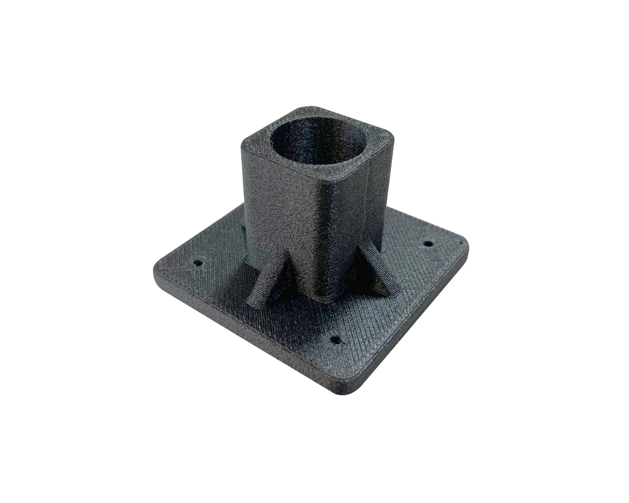 Black plastic mounting bracket on a white background