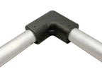 Black corner bracket connecting two white rods on a white background