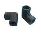 Two black elbow pipe fittings on a white background