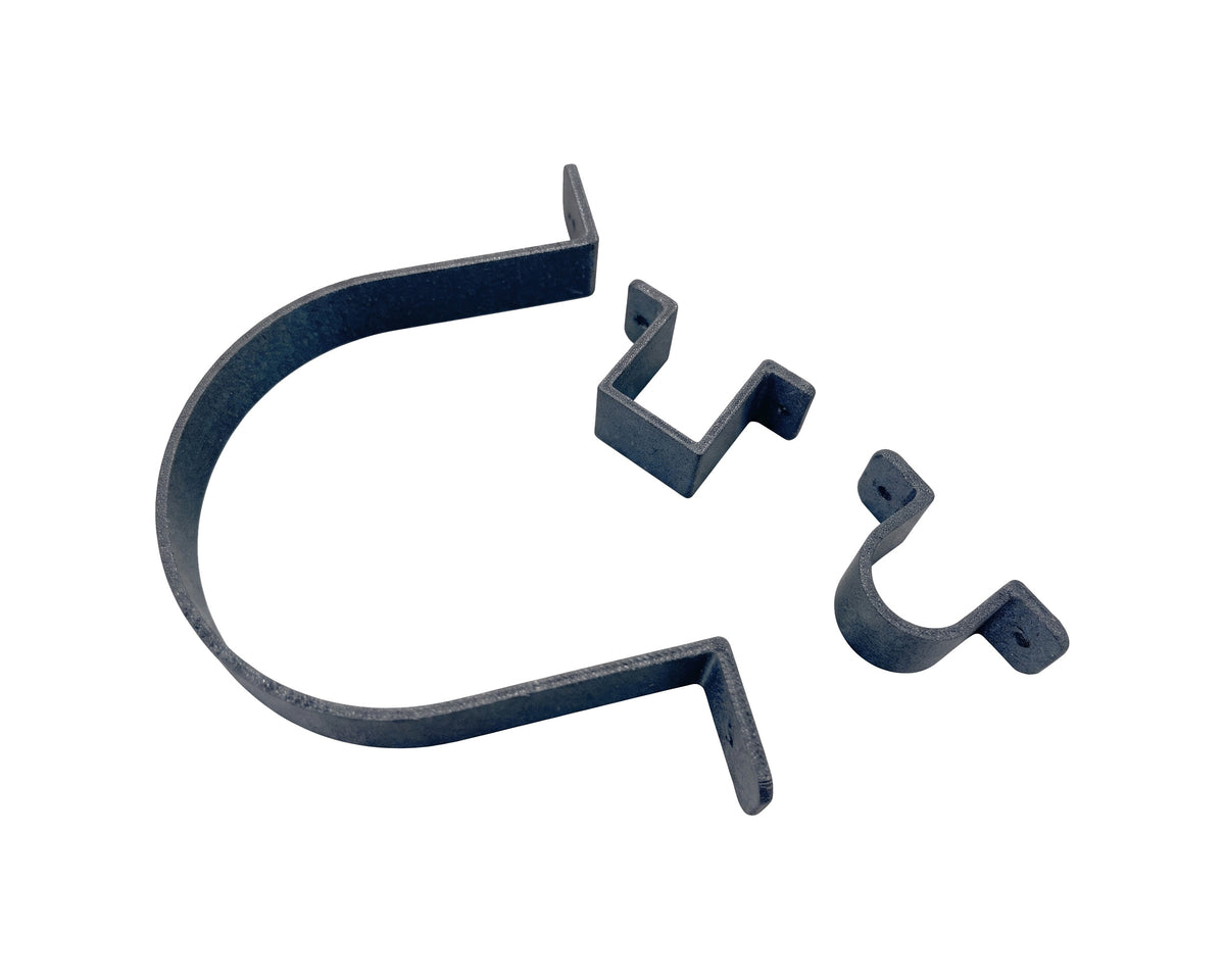 Three black metal mounting brackets or clips arranged on a plain white background.