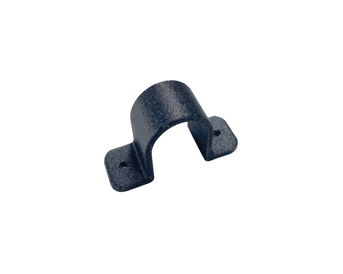 A small black metal bracket or clip with two flat mounting tabs and visible screw holes, photographed on a plain white background.